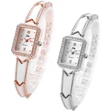 JewelryWe 2pcs Damenuhr Elegant Analog Quarz Armbanduhr Damen Strass Rechteckig Römische Ziffern Beiläufige Uhr Spangenuhr mit Metall-Armband Rosegold/Silber