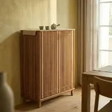 Schrank Teak Massivholz Retro 70er Stil senkrechte Stäbe Vintage Wohnzimmer High