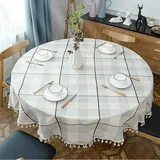 Runde Quaste Plaid Tischdecke, Heavy Weight Baumwolle Leinen Stoff Tischdecke für Küche, Essen, Tischdekoration, Weiß & Grau, 160 cm Rund