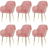 Mendler 6er-Set Esszimmerstuhl HWC-F18, Stuhl Küchenstuhl, Retro Design Samt altrosa, goldene Beine