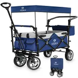 Bollerwagen faltbar mit Dach, Moskitonetz, Regencover, Handwagen Transportwagen | 2 Sitzer, Gurtsystem | klappbar | Vollgummi-Reifen | bis 80 kg | Vorder- und Hinter-Bremse + Tragetasche (blau)