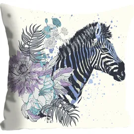 Queence Dekokissen "Vesna", lila (violett, schwarz, bedruckt), B:40cm L:40cm, Polyester, Dekokissen_Sitzkissen_Kissenhüllen, Kissenhülle,Zebra,Blumen,Bunt,Tropisch,Muster,Wild,Exotisch,Natur