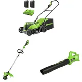 Greenworks Akku-Rasenmäher+Akku-Rasentrimmer GD24X2LT (Li-Ion 2x24V 33cm Schnittbreite 6200 U/min 2mm)+Axial Akku-Laubbläser G24AB (Li-Ion 24V 9,08m3/min)