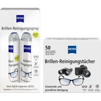 ZEISS Set aus 1x Brillen-Reinigungs-Spray alkoholfrei Doppelpack 2x 120ml und 1x ZEISS Brillen-Reinigungstücher mit Alkohol 50 Stück