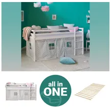 Homestyle4u Hochbett 90 x 200 cm Kiefer massiv weiß grau
