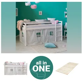 Homestyle4u Hochbett 90 x 200 cm Kiefer massiv weiß grau