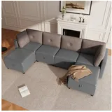 HAUSS SPOLE Ecksofa mit 6-Sitzer,Modulsofa verwandelbar,Relaxsofa mit Stauraum,Antikgrau, U-förmige Kombinationssofa mit Versteckter Stauraum, ideal für Decken, Bücher oder andere Utensilien grau