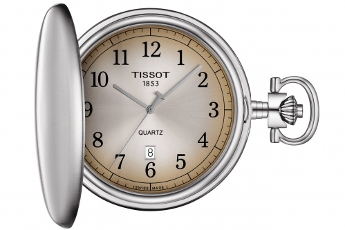 TISSOT -Savonnette Taschenuhr Herrenuhr Silber Braun Quarz Datum 49mm- T862.410.19.292.00