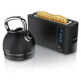 Arendo Frühstücks-Set, Wasserkocher Edelstahl 1,7l, 2 Scheiben Langschlitztoaster, Toaster 2 Scheiben, Frühstücksset, Wasserkocher Retro, 2200W... - Schwarz
