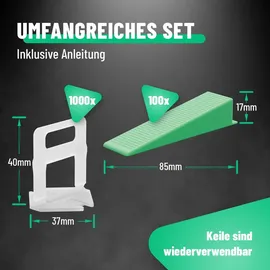 greate 1100-teiliges Fliesen Nivelliersystem 2mm - Fliesenverlegehilfe Set mit 1000 Zuglaschen & 100 Keile