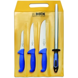 Friedr. Dick F. DICK Messer Set ErgoGrip 4-teilig (Ausbeinmesser 13 cm „schmal“, Stechmesser 18 cm, Blockmesser, 21 cm, Wetzstahl FineCut, HRC 56°) 82555000, Blau