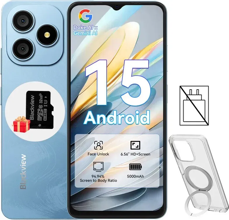 Blackview Wave 9C SIM-freies Smartphone Android 15, 12 GB (4 + 8) RAM + 128GB ROM/2 TB TF, 6,56 Zoll HD+, 5000 mAh Budget-handy, IP54, 13 MP + 8 MP, Fingerabdruck, GPS, OTG, 32 GB TF-Karte, Ringhalter-Hülle