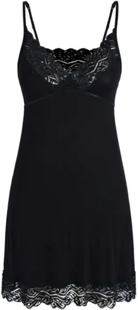 Trägerkleid, schwarz, mit V-Ausschnitt und breiter Spitze, Größe L