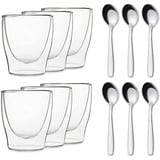 DUOS® Espressotassen Set 6x 80ml + 6x Löffel - Espresso Gläser, Espresso Tassen, Doppelwandige Gläser, Espressotasse, Espressotassen Glas, Thermogläser Doppelwandig, Latte Macchiato Gläser