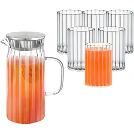 wilmax england Wilmax Glaskaraffe 1L mit 6 Wassergläsern (250 ml) – Elegantes Set mit Edelstahl-Deckel