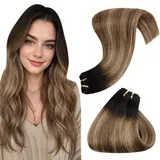 Hetto Echthaar Tressen Extensions Remy Echthaar Tressen Extension Balayage Tressen Echthaar Extensions #1B/6/27 Schwarz Ombre Braun Balayage Karamellblond 80g 40cm