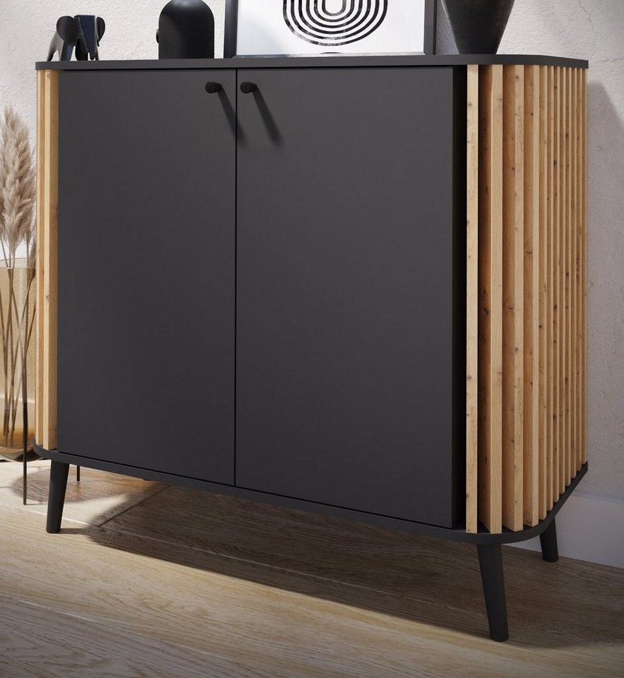 xonox.home Kommode Pure (Sideboard in matt grau mit Eiche Artisan, 92 x 88 cm), Retro Design grau