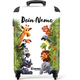NoBoringSuitcases.com Kinderkoffer Personalisiert - Koffer 10kg - Reisekoffer - Rollkoffer - Dschungeltiere - Grün-Weiß - Trolley Kinder - Hardcase Koffer- Handgepäck 55x40x20 cm