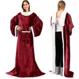 Wohndecke Wohndecke Kuscheldecke TV Decke Ärmeldecke flauschige Fleecedecke, ZEUOPQ, Luxuriöse Fleece-Decke burgunderrot,140*180 cm,mit Ärmeln und Taschen rot