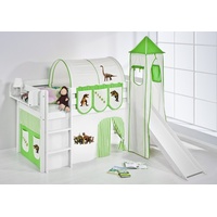 Lilokids Hochbett Spielbett JELLE Dinos - Hochbett - mit Turm, Rutsche und Vorhang Inkl. Rutsche, Vorhang und Turm