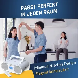 Klim Boombox B4 Radio mit CD Player + AM/FM Radio, MP3, Bluetooth, AUX, USB + tragbarer CD Spieler mit kabellosem Modus und aufladbaren Akku weiß