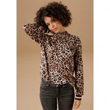 Aniston CASUAL Langarmshirt mit trendigem Animal-Print und gestreiften Bündchen, Gr. 34, hellbraun-braun-schwarz-sand-weiß-rot, , 37132740-34