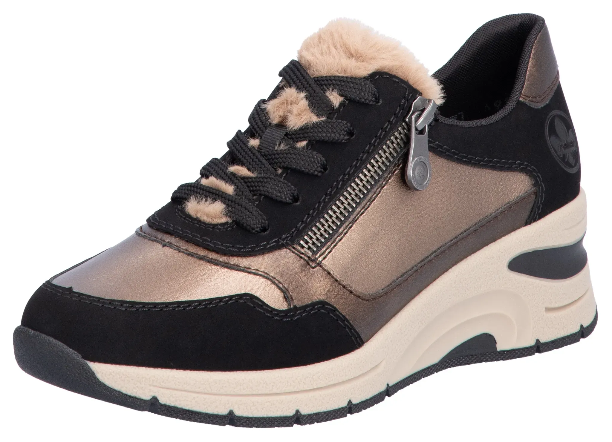 Keilsneaker RIEKER Gr. 43, rosegold (bronzefarben, schwarz) Damen Schuhe Freizeitschuh, Halbschuh, Schnürschuh mit Schaftrandpolsterung