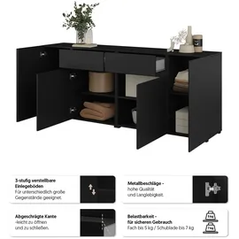 INOSIGN Sideboard INOSIGN "Metric,Breite 195 cm, grifflose Kommode 4 Türen/2 Schubkästen", schwarz, B:195cm H:78,3cm T:40cm, FSC-zertifizierter Holzwerkstoff, Melamin, Metall, Sideboards, Sideboard, Schubladenschrank mit viel Stauraum, Einlegeböden verstellbar,