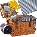 Tectake tectake® Picknickkorb, für 4 Personen, mit Picknickdecke, geflochtene Weide, 2 Schnallenverschlüsse und verstellbarer Tragegurt, inkl. 20-teiliges Geschirrset, Kellnermesser, Gewürzstreuer und Weinkühler