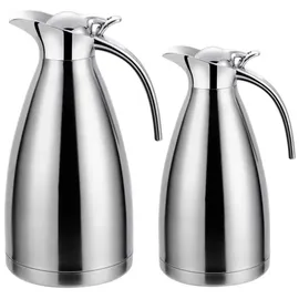 Cheffinger 2er Set Thermoskanne 1L + 1,5L Isolierkanne Teekanne Thermosflasche Kaffeekanne Silber