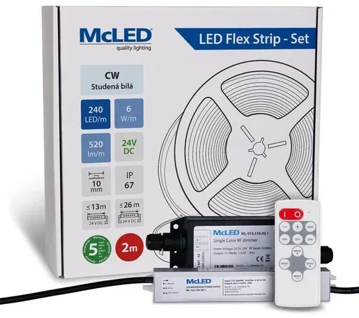 McLED LED-Band - Satz 2 m + Empfänger Nano IP67, 240 LED/m, CW, 6 W/m, DC 24V, 520 lm/m, CRI90, IP67, 10 mm, Konduktor 3 m ML-126.032.90.S02002