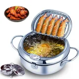 Qivine Japanischer Frittiertopf Induktion, Friteuse Klein mit Thermometer, Edelstahl-Topf Tempura Mini Fritteuse mit Deckel und Abtropfgestell für Pommes Frites, Garnelen, Fisch (24cm)