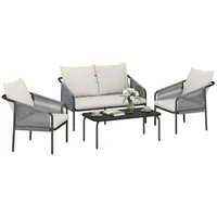 Polyrattan Lounge-Set 4-teilig, 2-Sitzer Sofa + 2 Sessel + Couchtisch, Natur, dicke Sitz- und Rückenkissen mit Bindebändern, pulverbeschichteter ... - Grün