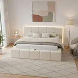 Home Deluxe LED Bett aus Teddy-Stoff inkl. Stauraum – Beige, 160 x 200 cm | Polsterbett mit Beleuchtung & Matratze für modernen Schlafkomfort - Beige
