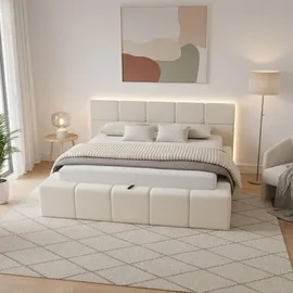 Home Deluxe LED Bett aus Teddy-Stoff inkl. Stauraum – Beige, 160 x 200 cm | Polsterbett mit Beleuchtung & Matratze für modernen Schlafkomfort - Beige