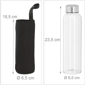 Relaxdays Trinkflasche, 2er Set, 500 ml, auslaufsicher, Glasflasche mit Hülle, HxD: ca. 23,5x6,5 cm, transparent/schwarz