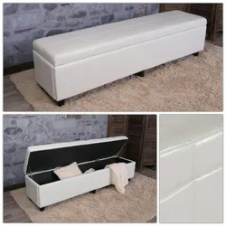 Mendler Bank Sitzbank mit Aufbewahrung Kriens XXL, Leder + Kunstleder, 180x45x45cm ~ weiß