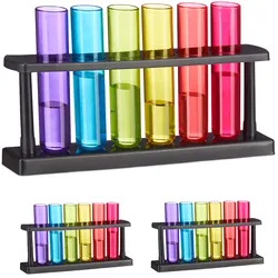 Relaxdays Reagenzgläser Schnapsgläser, 18 Gläser, 3 Halterungen, Kunststoff, 40 ml, Shotgläser Chemie, für Partys, bunt