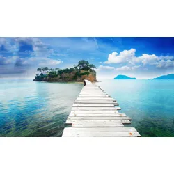 Fototapete PAPERMOON "HOLZ-BRÜCKE-AGIOS SOSTIS INSEL PIER STEG MEER SEE WALD", bunt, B:4,00m L:2,60m, Vlies, Tapeten