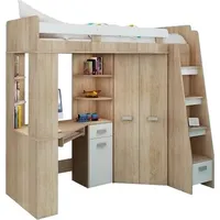 FurnitureByJDM Hochbett mit Schreibtisch, Schubladen, Regalen und Kleiderschrank – ANTRESOLA (Eiche Sonoma/Weiß, Rechts)