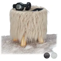 Relaxdays Fell Hocker, flauschig, 4 Holzbeine, gepolsterter Fußhocker, Kunstfell,
