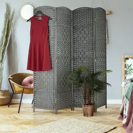 Relaxdays Paravent Raumteiler, HxB: 170x160 cm, Faltbarer Raumtrenner, 4-teiliger Sichtschutz, Holz & Papierseil, grau