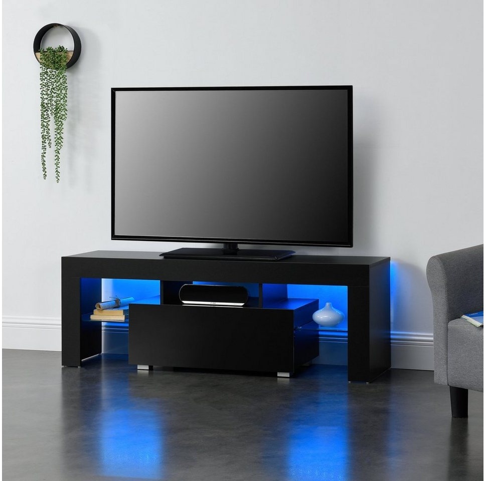 en.casa TV-Board, »Grimsey« TV Lowboard mit LED Beleuchtung und Glasablage schwarz