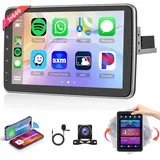 2G+64G Wireless Carplay Android Autoradio 1 Din mit Android Auto GPS Navi WiFi Mirror Link 10 Zoll Drehbarer Touchscreen Autoradio mit Bluetooth FM/RDS/DAB/OBD/DVR/HIFI Lenkradsteuerung Rückfahrkamera