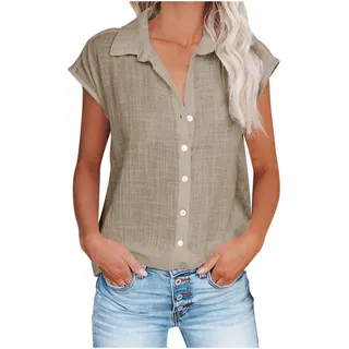 Bluse Damen, Leinenbluse Damen Sommer Langarm Große Größen Hemdbluse Musselin Bluse Damen V-Ausschnitt Tshirt mit Knöpfen Vintage Einfarbig Leinenbluse Sommer Oberteile Kurzarm Hemdbluse Blusen - 5XL