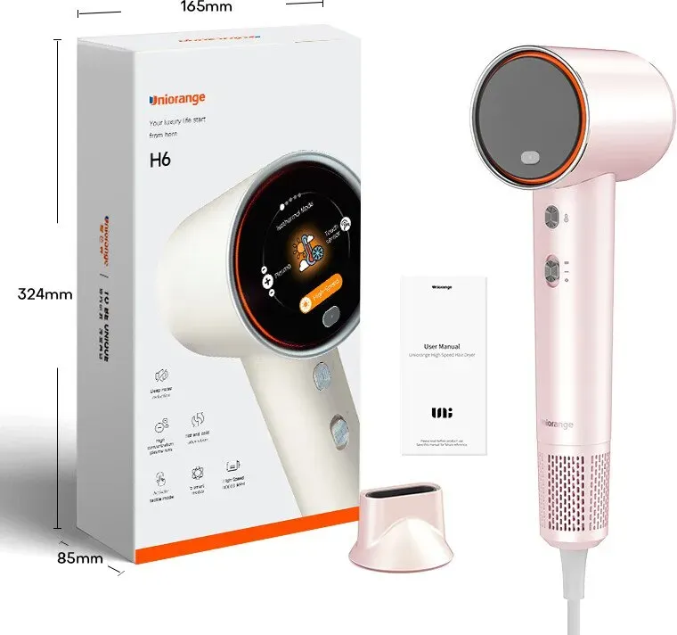 Uniorange H6 Plasma Highspeed-Haartrockner (Lotosrosa), HD-LCD-Bildschirm, 5 intelligente Modi, 1600W Leistung und 1 Milliarde Plasma-Ionen, 110.000 U/min Highspeed-Motor, trocknet 5-mal schneller