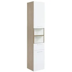 Hochschrank ESTRA, 2 Türen, 1 Auszug, Lärche und weiß hochglanz, Anschlag rechts, 350 x 1850 x 370 mm - 93 923 61