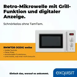 Exquisit Retro Mikrowelle 20L, 1000 Watt Grill, 700 Watt, 25,5cm Drehteller, 5 Leistungsstufen, Auftaufunktion, 2 Drehregler, RMW720-3GDIG weiss