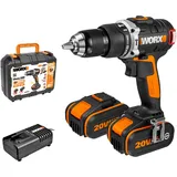 Worx WX373.3 Akku Schlagbohrschrauber Set - Bürstenloser Akkuschrauber 20V, 2 Li-Ion Akkus 4Ah, Koffer und Ladegerät - 60Nm, 2-Gang-Getriebe und LED-Licht - zum Schrauben, Bohren und Schlagbohren