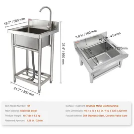 Vevor Edelstahl Waschbecken 41 x 33 x 22 cm